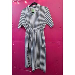 Duoduo Black White Striped Dress with Drawstring Waist and big pockets M